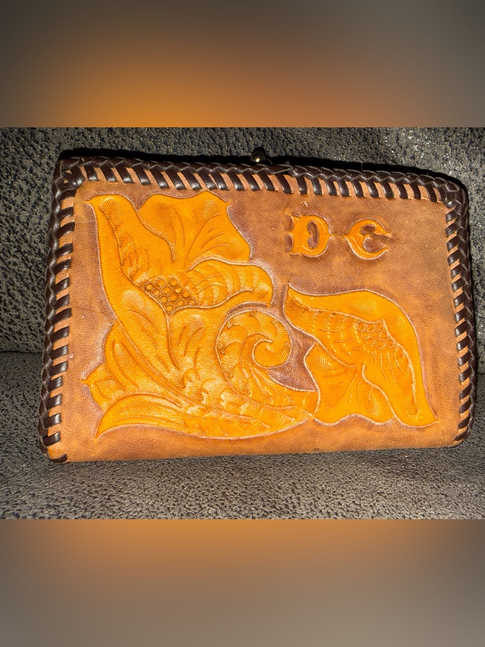Hand-Tooled Floral Leather Clutch - Tan/Brown